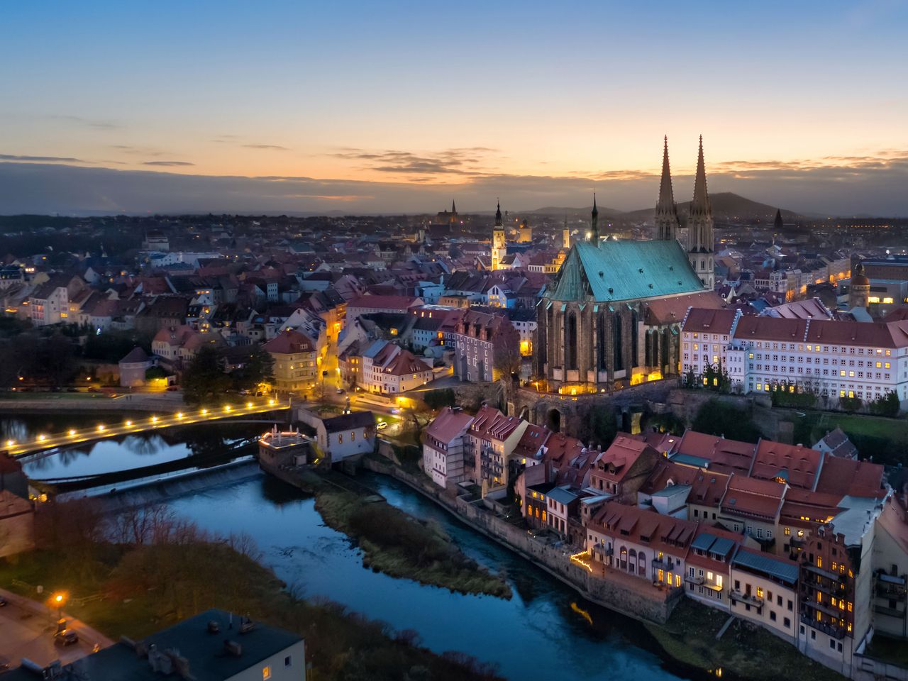 Blick auf Altstadt von Görlitz am Abend